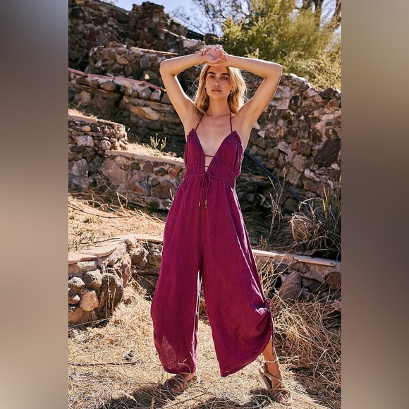 Free People Pants - Free People Deep Purple “Whatever you want” boho tassle wide leg jumpsuit in S